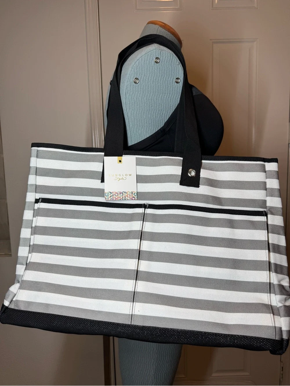 Gray & White Striped Tote Bag zipper 4 pockets beach office gym school travel